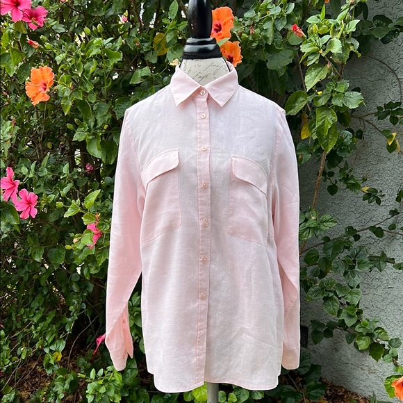 Go Silk 100% Linen Pastel Pink Button Down Blouse Shirt Top Womens XL Pocket Tee - Picture 1 of 8